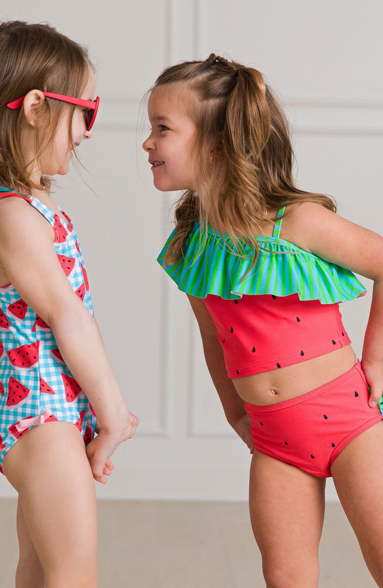 RuffleButts Kids' Watermelon Ruffle One-Shoulder Two-Piece Swimsuit, Alternate, color, 