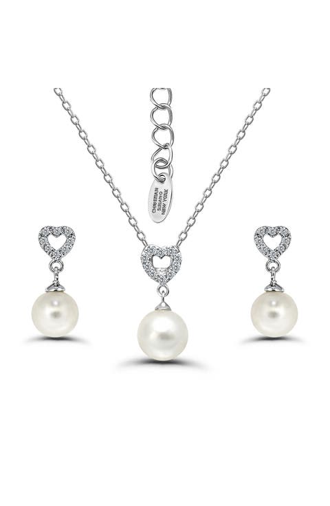 Cubic Zirconia & Faux Pearl Drop Earrings & Necklace Set