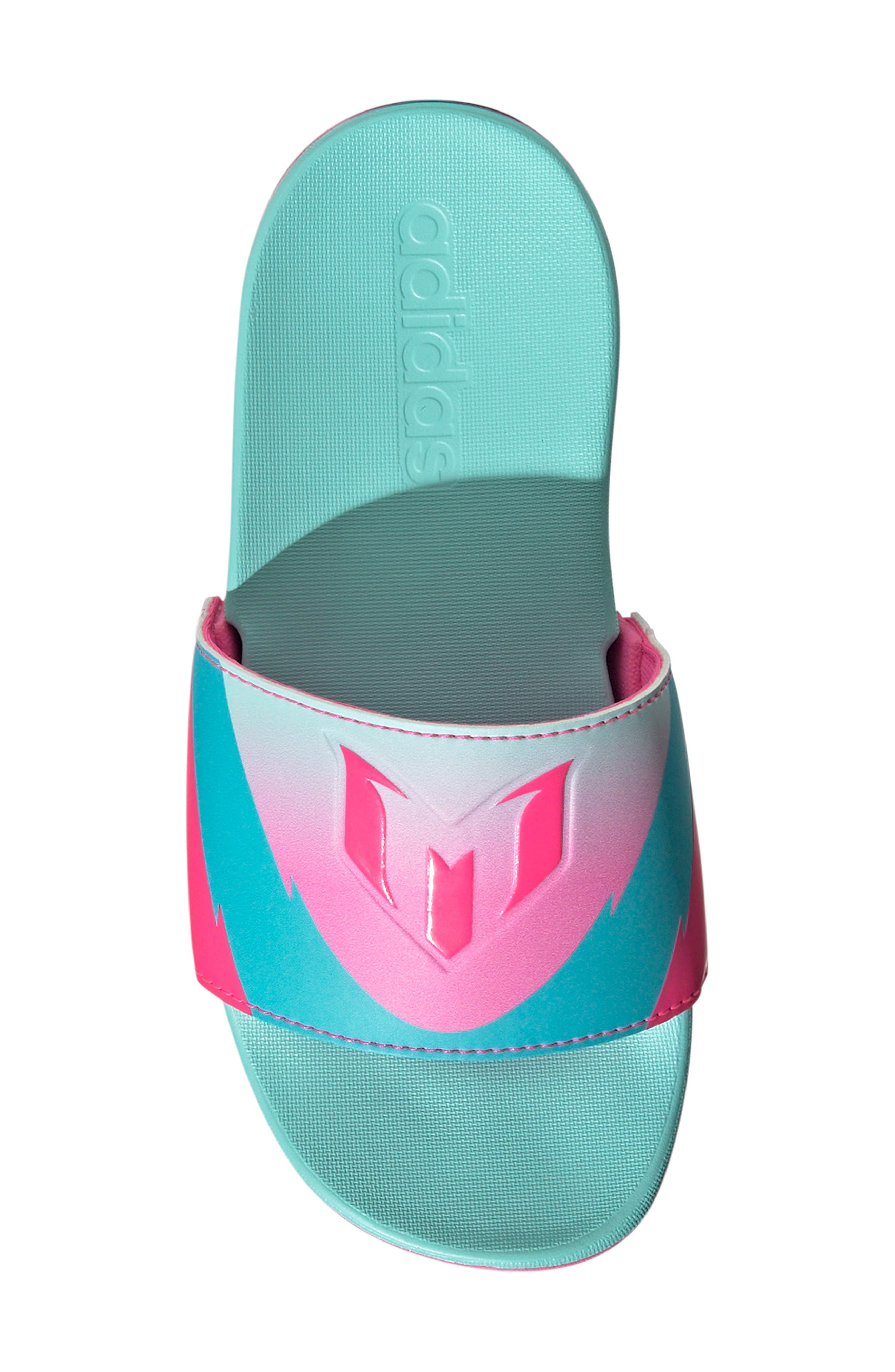 adidas x Lionel Messi Kids' Adilette Comfort Messi Slide Sandal, Alternate, color, Aqua/ Pink/ Cyan
