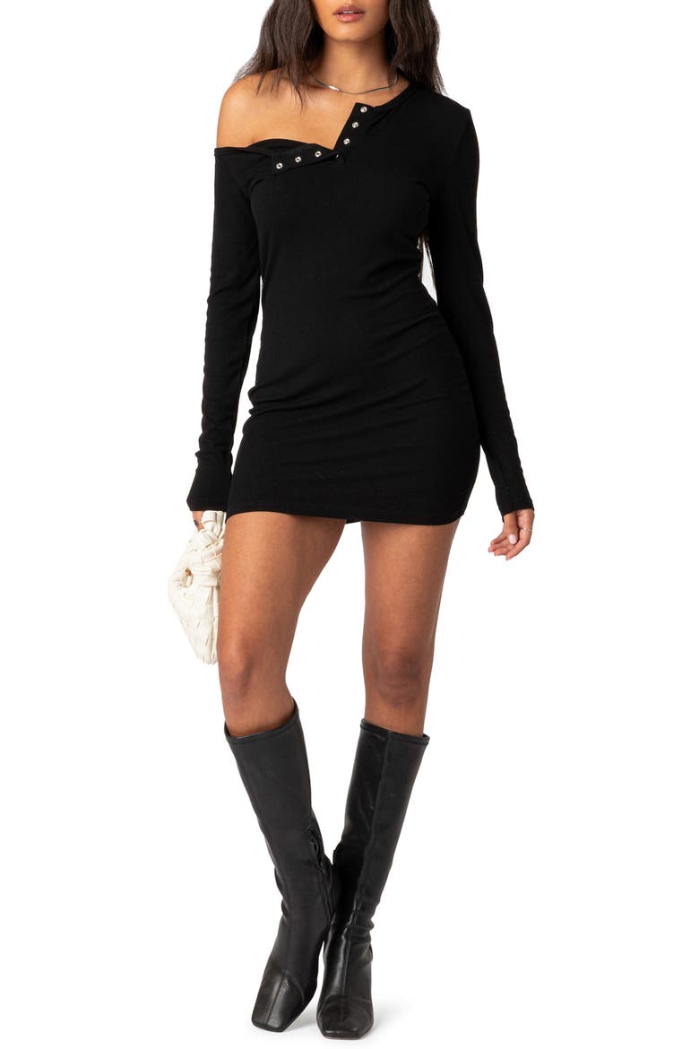 Soleste Long Sleeve Rib Henley Minidress, Main, color, BLACK