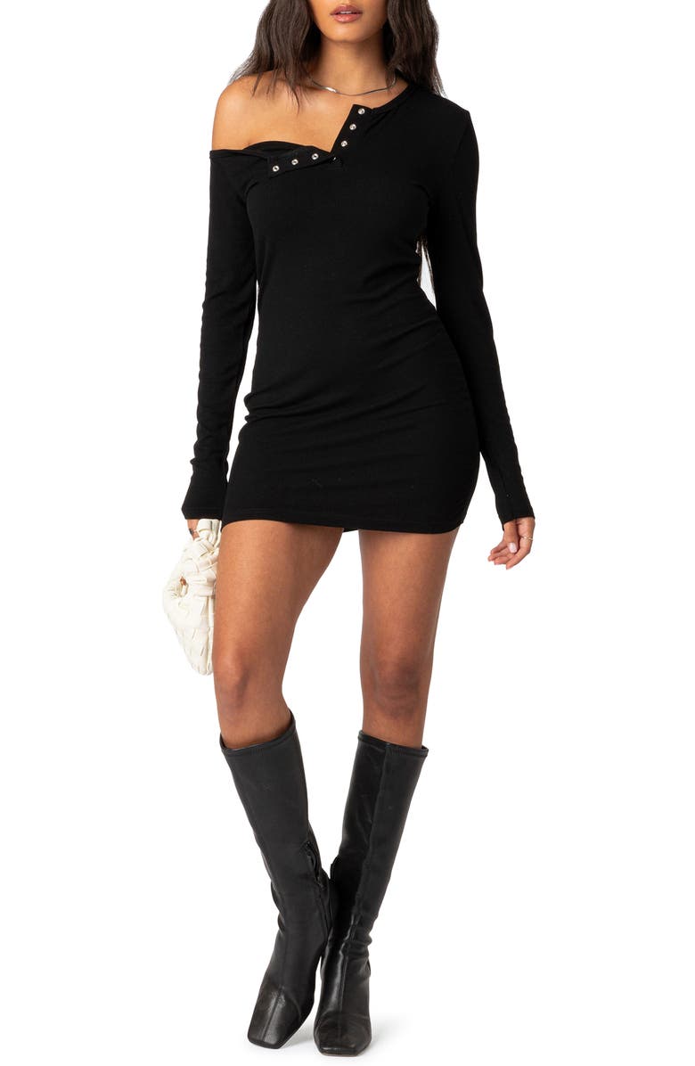 EDIKTED Soleste Long Sleeve Rib Henley Minidress, Main, color, Black