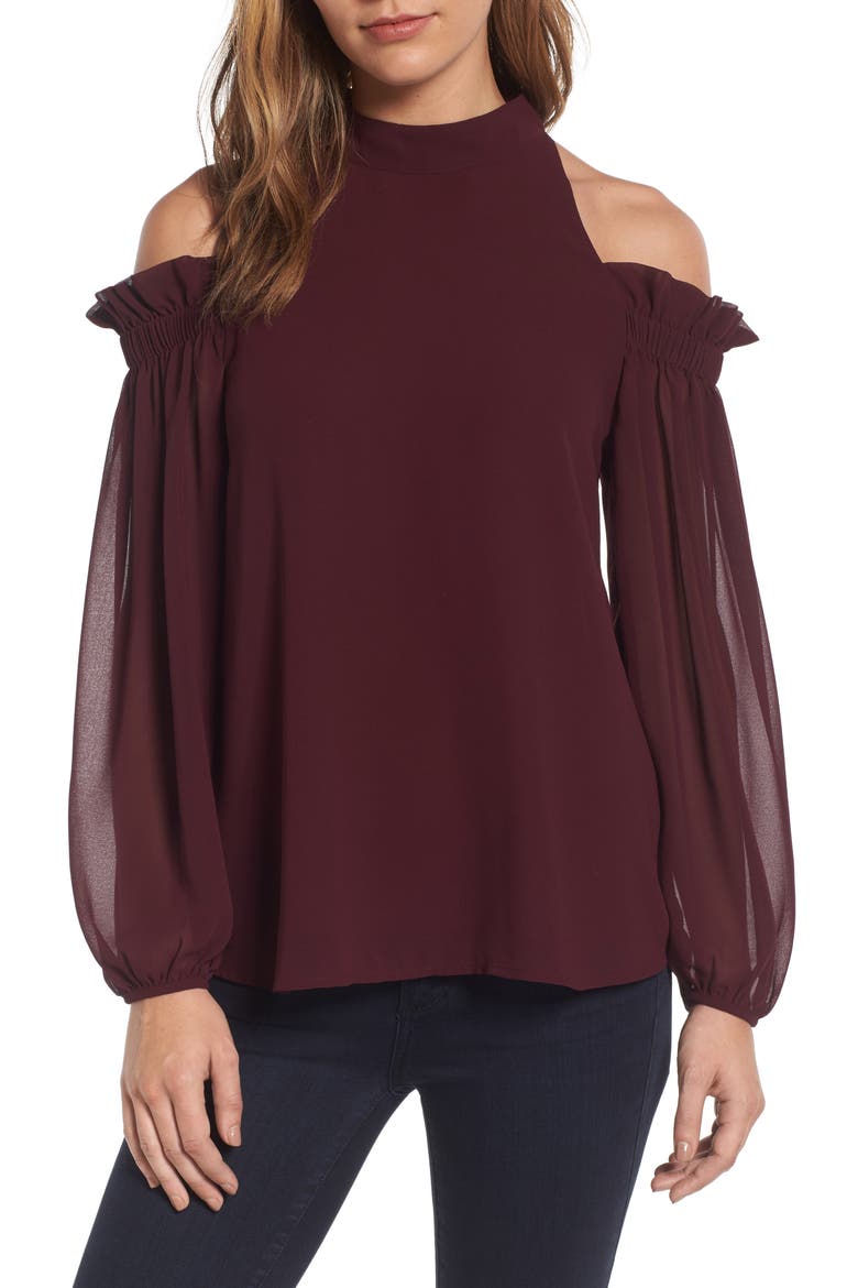 Ruffle Cold Shoulder Top, Main, color, BURGUNDY STEM