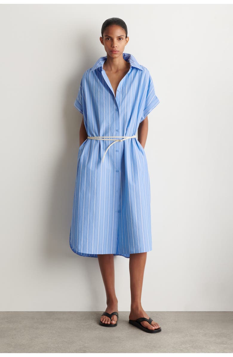 COS Striped Short-sleeved Cotton Shirt Dress, Main, color, Blue / Striped