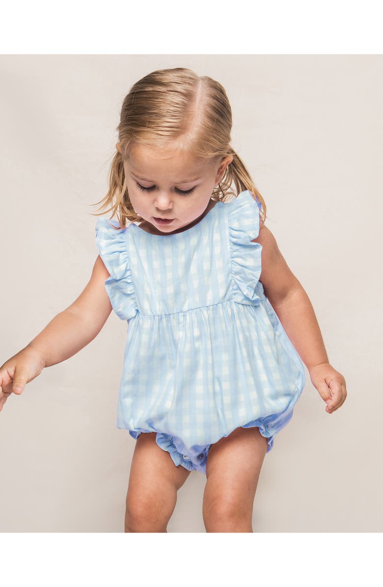 Petite Plume Gingham Ruffle Trim Cotton Blend One-Piece Pajamas, Alternate, color, Blue