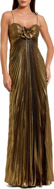 Mac Duggal Petite Pleated Metallic Gown with Thin Straps and 3D Floral Detail