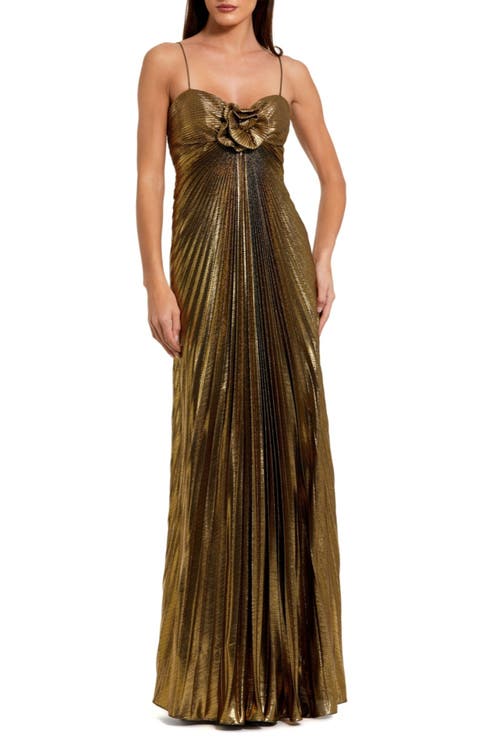 Mac Duggal Petite Pleated Metallic Gown with Thin Straps and 3D Floral Detail in Antique Gold at Nordstrom, Size 6