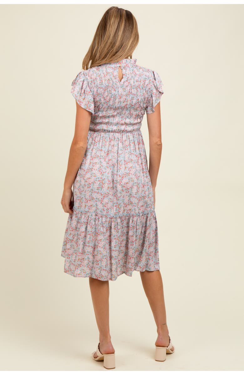 PinkBlush Floral Mock Neck Smocked Ruffe Sleeve Midi Dress, Alternate, color, Light Blue