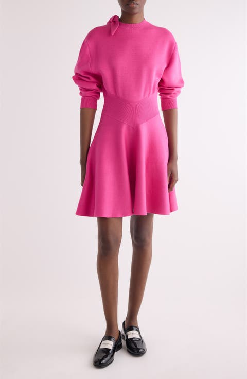 Long Sleeve Bow Wool & Cotton Blend Sweater Dress