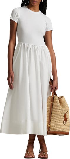 送料関税無料【LAUREN RALPH LAUREN】COTTON MIDI DRESS POLO RALPH LAUREN Cotton-jersey and gathered cotton-poplin