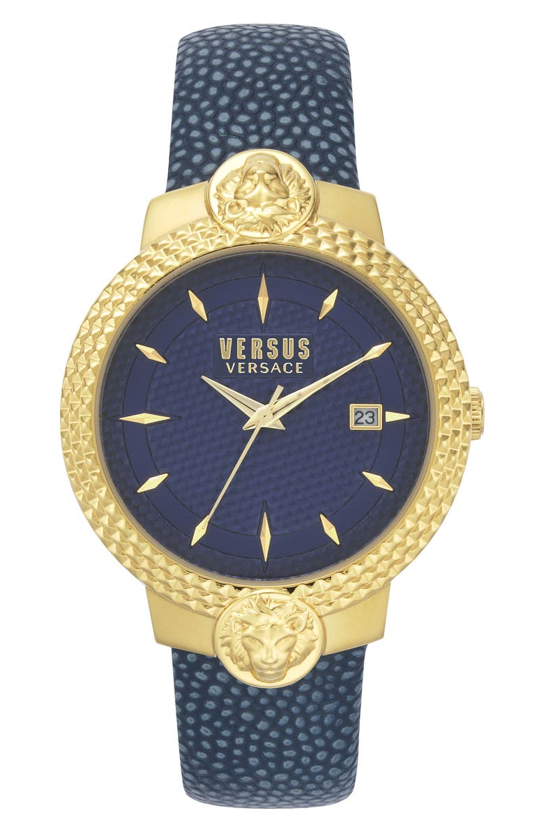 VERSUS Versace Mouffetard Leather Strap Watch, 38mm, Main, color, Yellow Gold