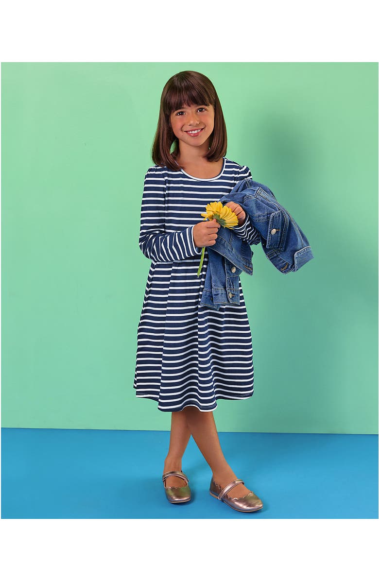Lands' End Girls Long Sleeve Gathered Waist Jersey Dress, Main, color, Navy/White Stripe