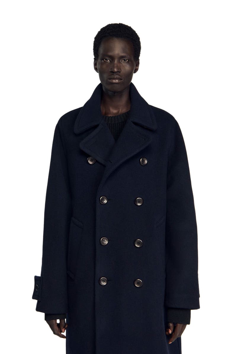 SANDRO Double-breasted wool coat, Alternate, color, Navy Blue