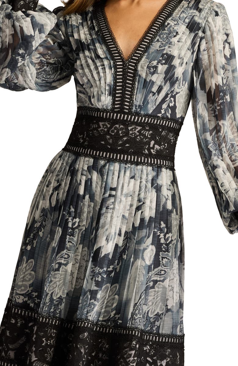 Tadashi Shoji Floral Lace Detail Metallic Thread Long Sleeve Cocktail Midi Dress, Alternate, color, Ivory/ Black