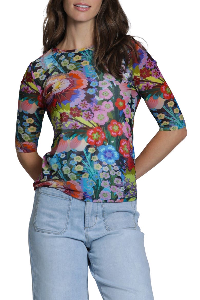 Butterfly Print Mesh Top, Main, color, BLUE MULTI