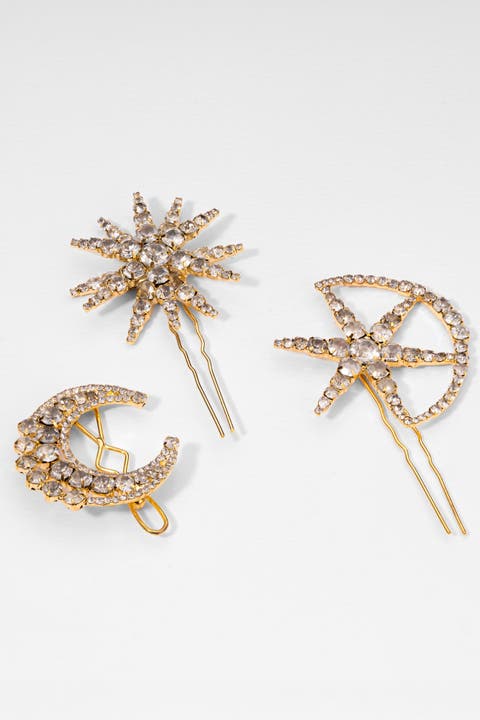 Set of 3 Celestia Crystal Hair Pins -  Gold