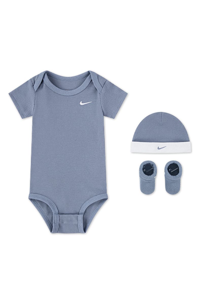 Nike Waffle Knit Bodysuit, Hat & Booties Boxes Set, Main, color, Ashen Slate