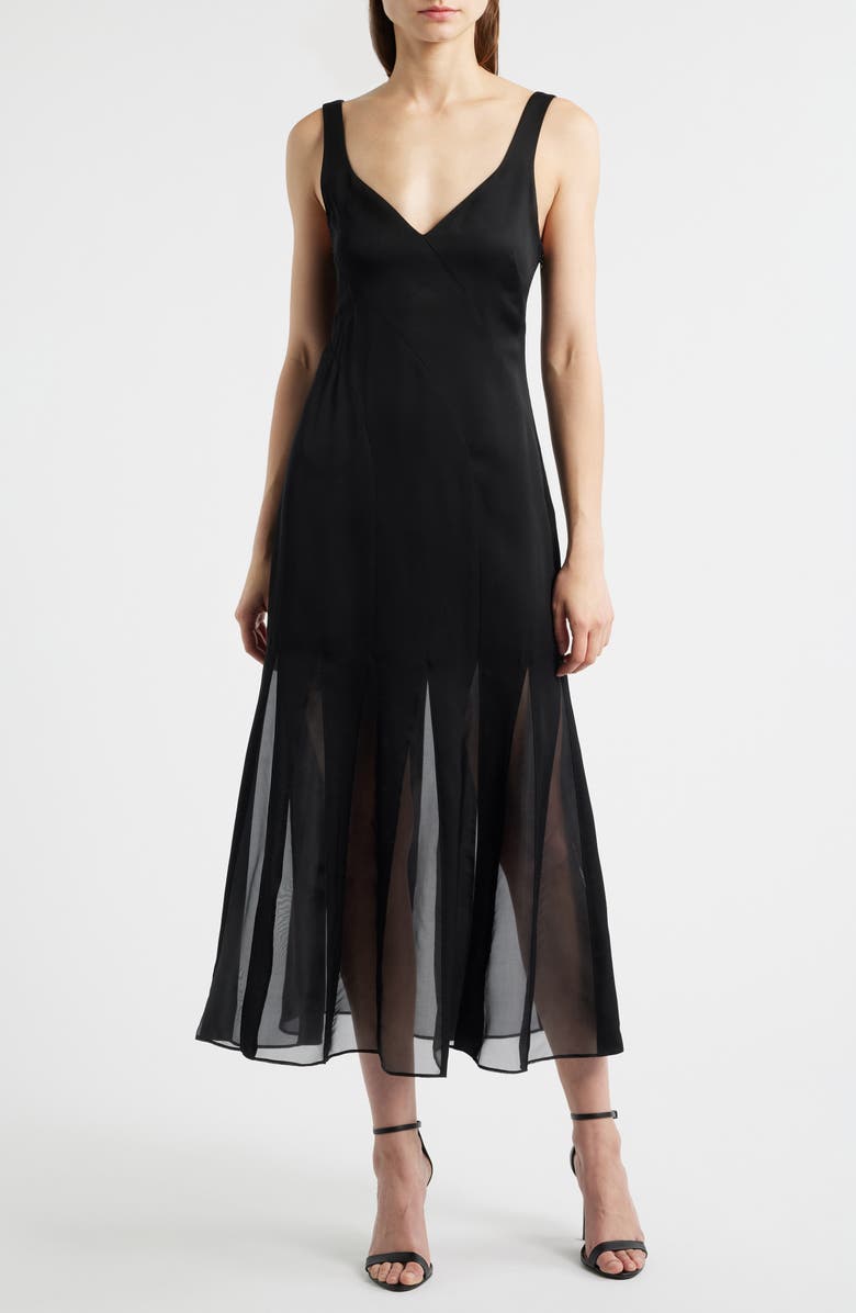 BOSS Sleeveless Godet Maxi Dress, Main, color, Black