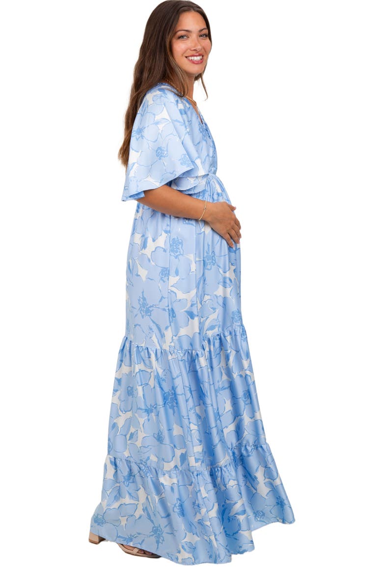 PinkBlush Floral Short Sleep Deep V-Neck Tiered Maxi Dress, Alternate, color, Light Blue