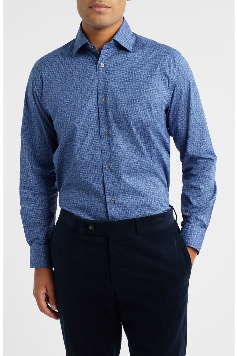 Geo Print Stretch Cotton Button-Up Shirt, Main, color, NAVY