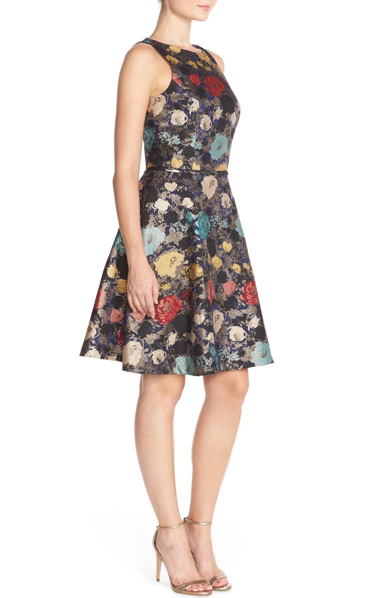 Tahari Floral Metallic Jacquard Fit & Flare Dress, Alternate, color,