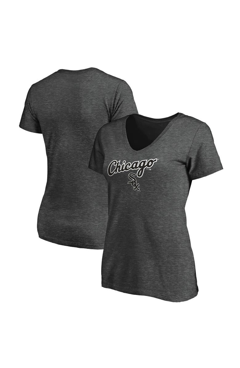 FANATICS Women's Fanatics Branded Heathered Charcoal Chicago White Sox Team Logo Lockup V-Neck T-Shirt, Main, color, Heather Charcoal