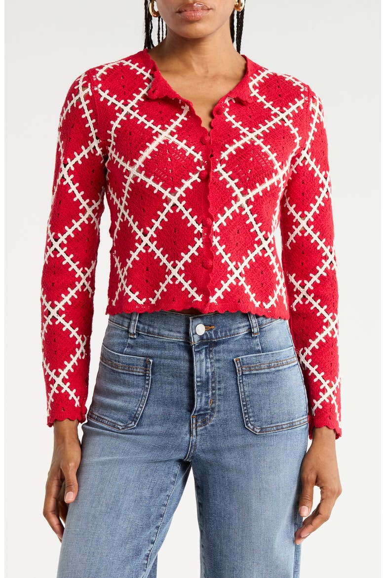 The Crochet Diamond Cardigan, Main, color, CHERRY RED MULTI