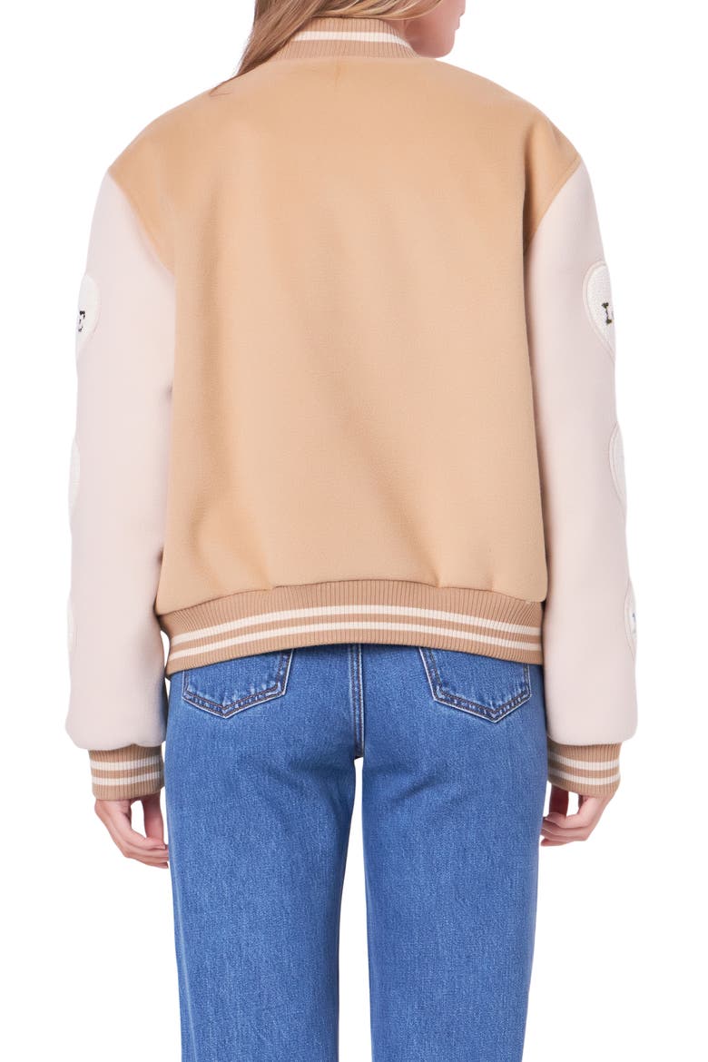 Love Varsity Jacket, Alternate, color, TAN MULTI