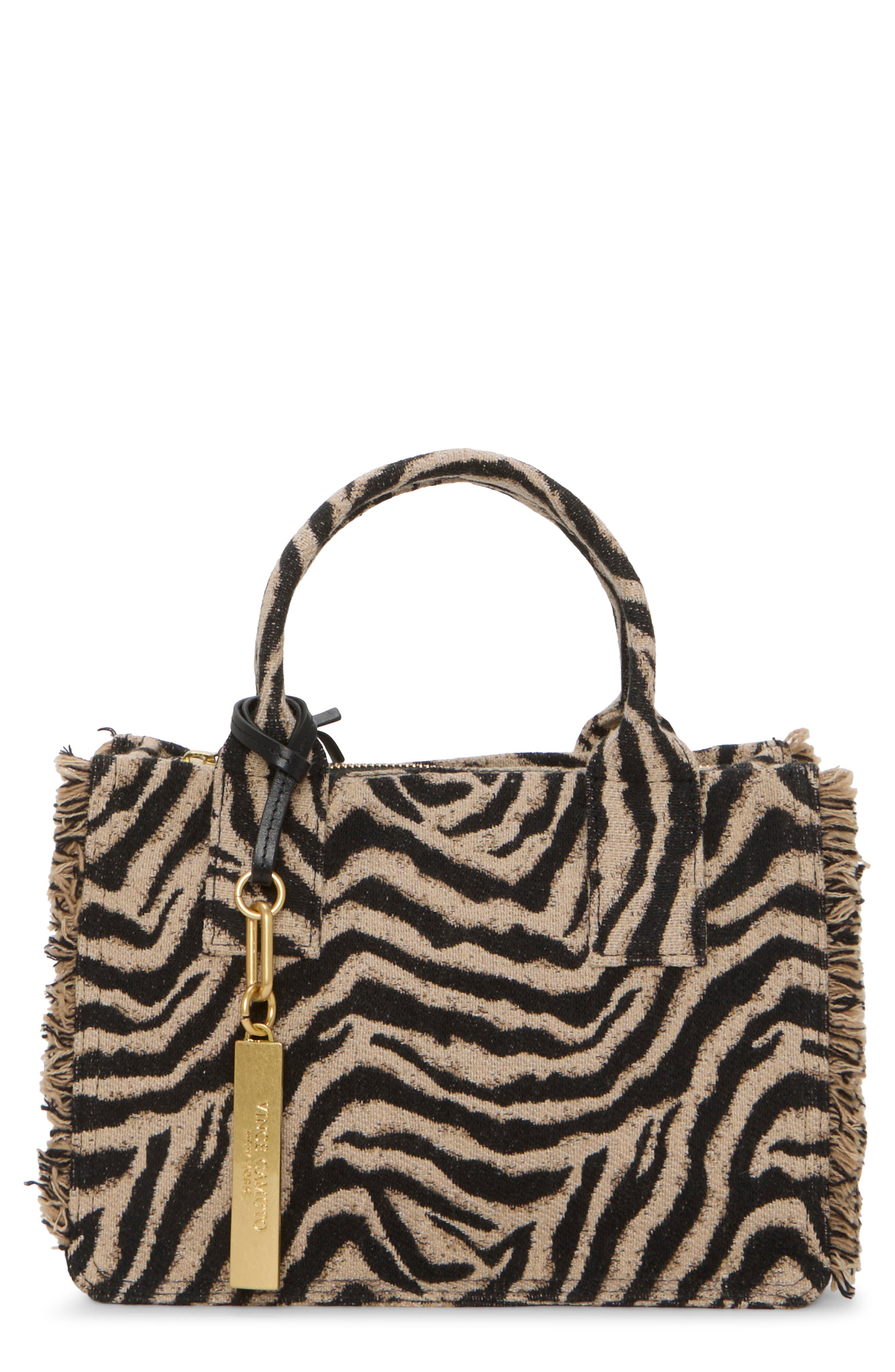 Vince Camuto Zhury Zebra Stripe Fringe Trim Tote, Main, color, Brown