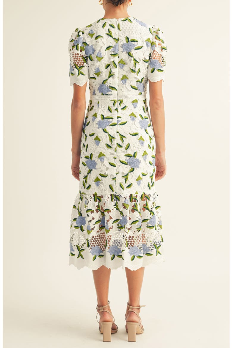 Bella Embroidered Floral Cutwork Cocktail Midi Dress, Alternate, color, OFF WHITE/ BLUE MULTI