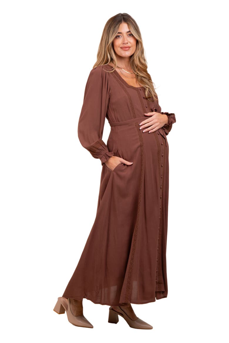 Lace Detail Button Down Maxi Dress, Alternate, color, Brown