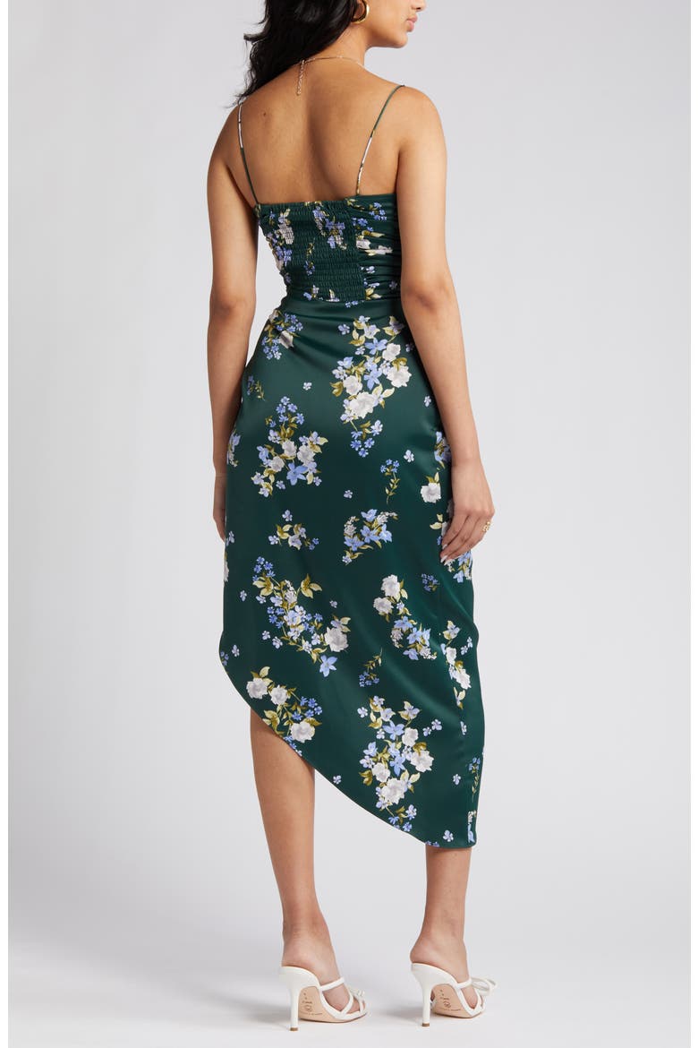 Ruched Bodice Satin Midi Dress, Alternate, color, HUNTER BOUQUET