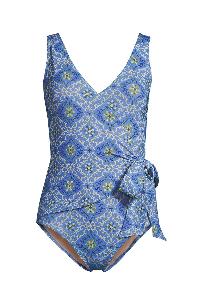 Plus Size Side Tie Wrap One Piece Swimsuit, Alternate, color, Lake Blue/Egret Geo Floral