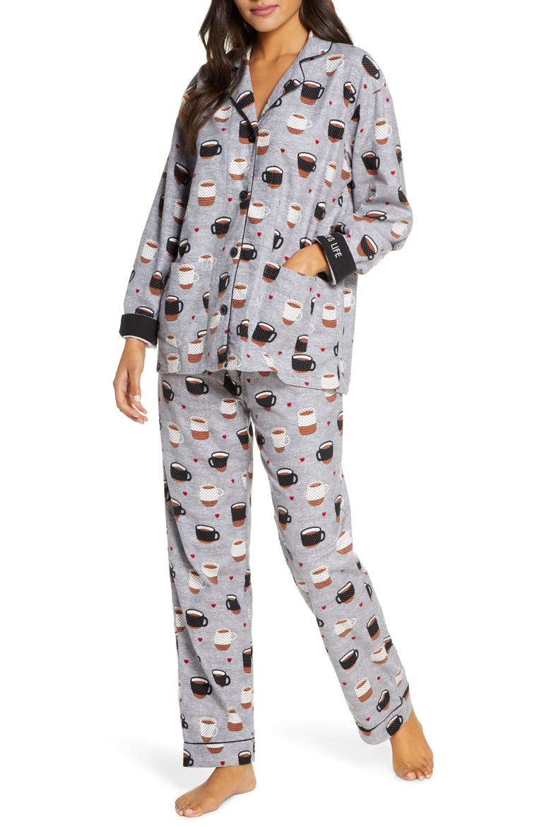 Print Flannel Pajamas, Main, color, HEATHER GREY