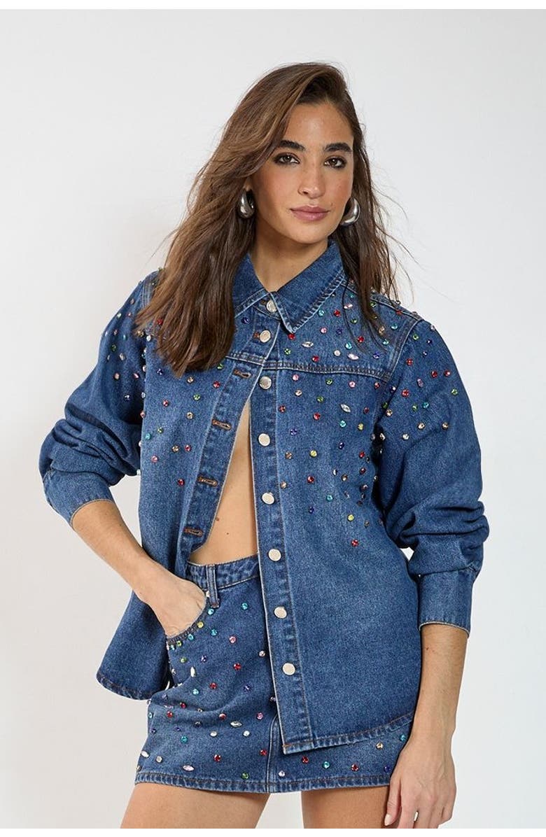 NASTY GAL Denim Embellished Long Sleeve Shirt, Main, color, Authentic Midwash