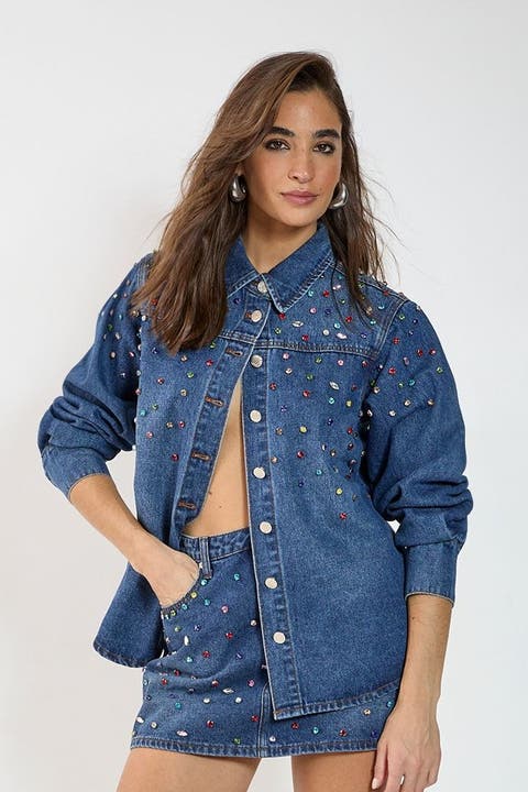 Denim Embellished Long Sleeve Shirt