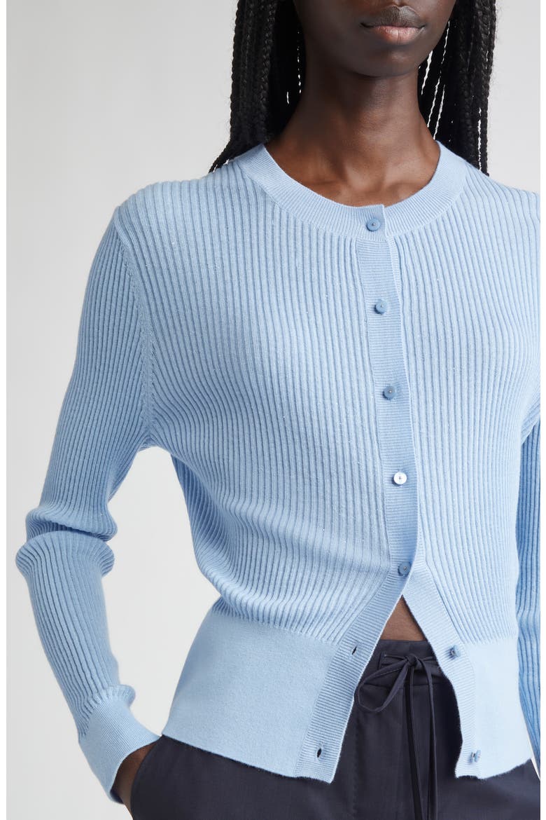 Ribera Sequin Rib Fitted Silk & Wool Cardigan, Alternate, color, LIGHT BLUE