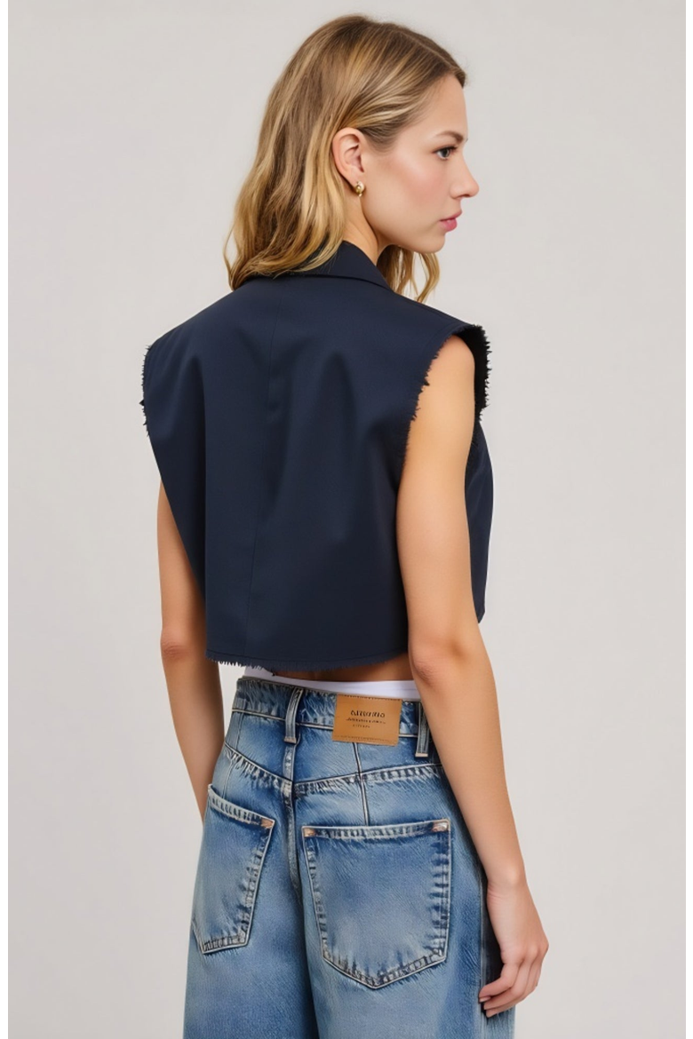 Sleeveless Cropped Tailored Collar Raw Edge Hem Blazer Vest, Alternate, color, Blue