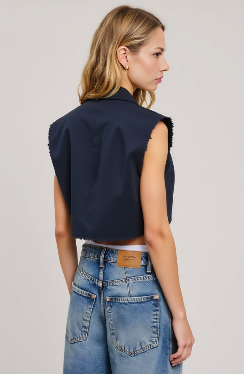 Modenaire Sleeveless Cropped Tailored Collar Raw Edge Hem Blazer Vest, Alternate, color, Blue