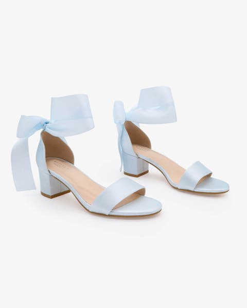 Naomi Satin Block Heel Wedding Sandal with Wrapped Satin Ribbon Tie
