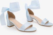 Kailee P Naomi Satin Block Heel Wedding Sandal with Wrapped Satin Ribbon Tie