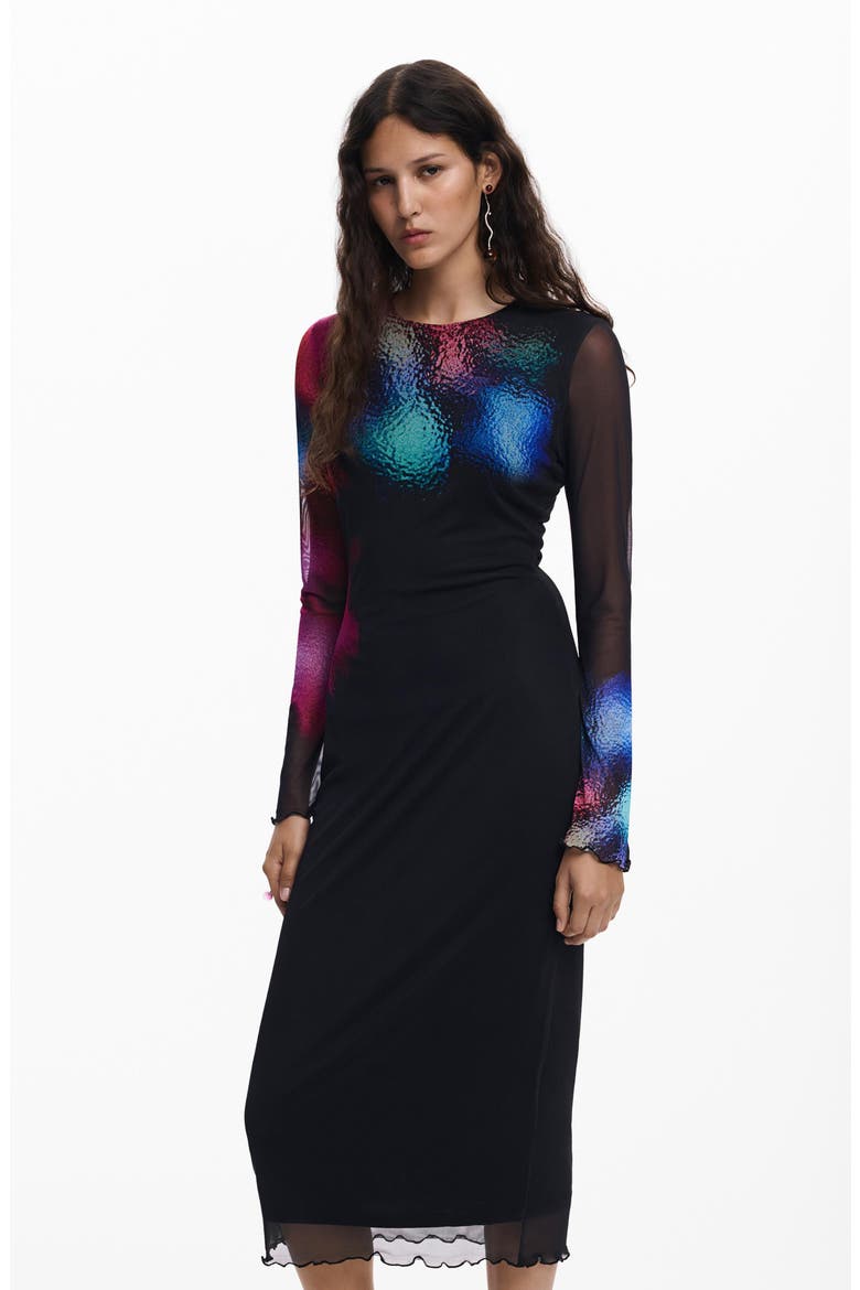 Long Sleeve Mesh Dress, Alternate, color, BLACK