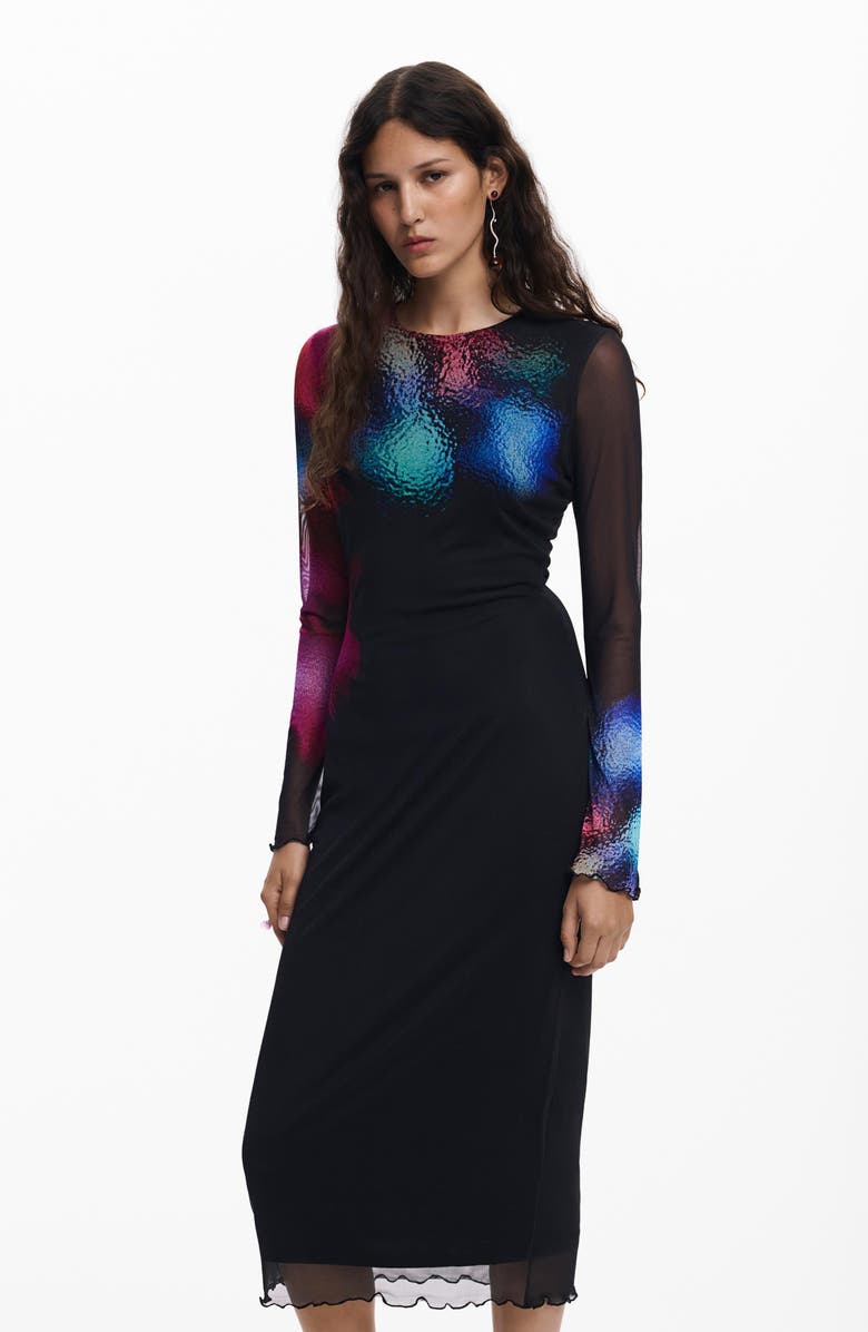 Desigual Long Sleeve Mesh Dress, Alternate, color, Black