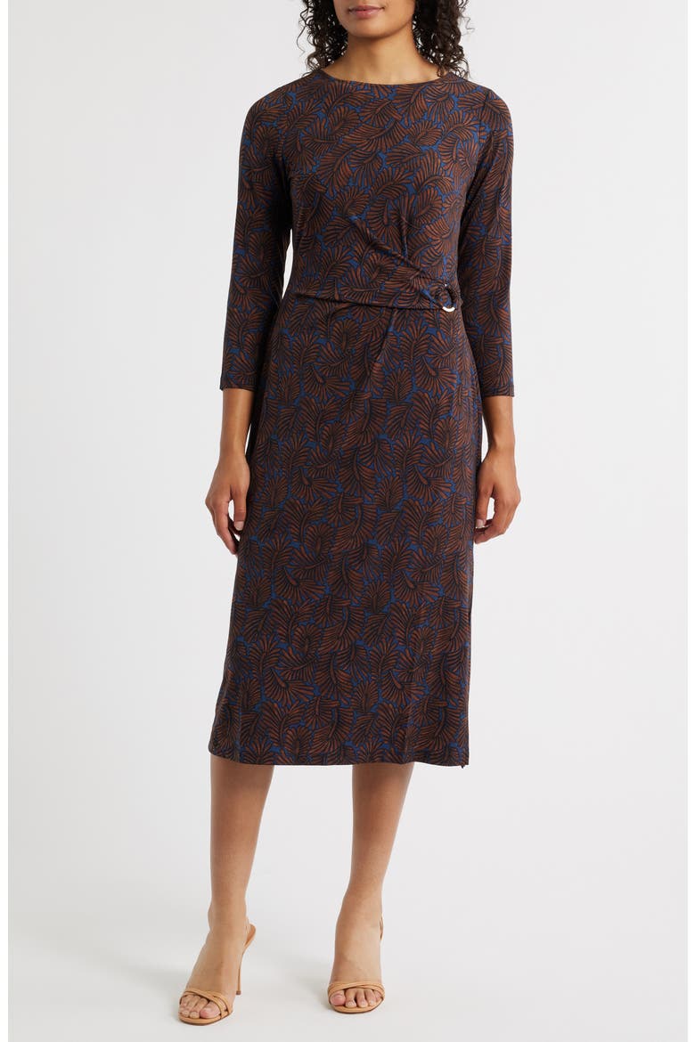 Feather Fern Long Sleeve Knit Midi Dress, Main, color, BROWN MULTI