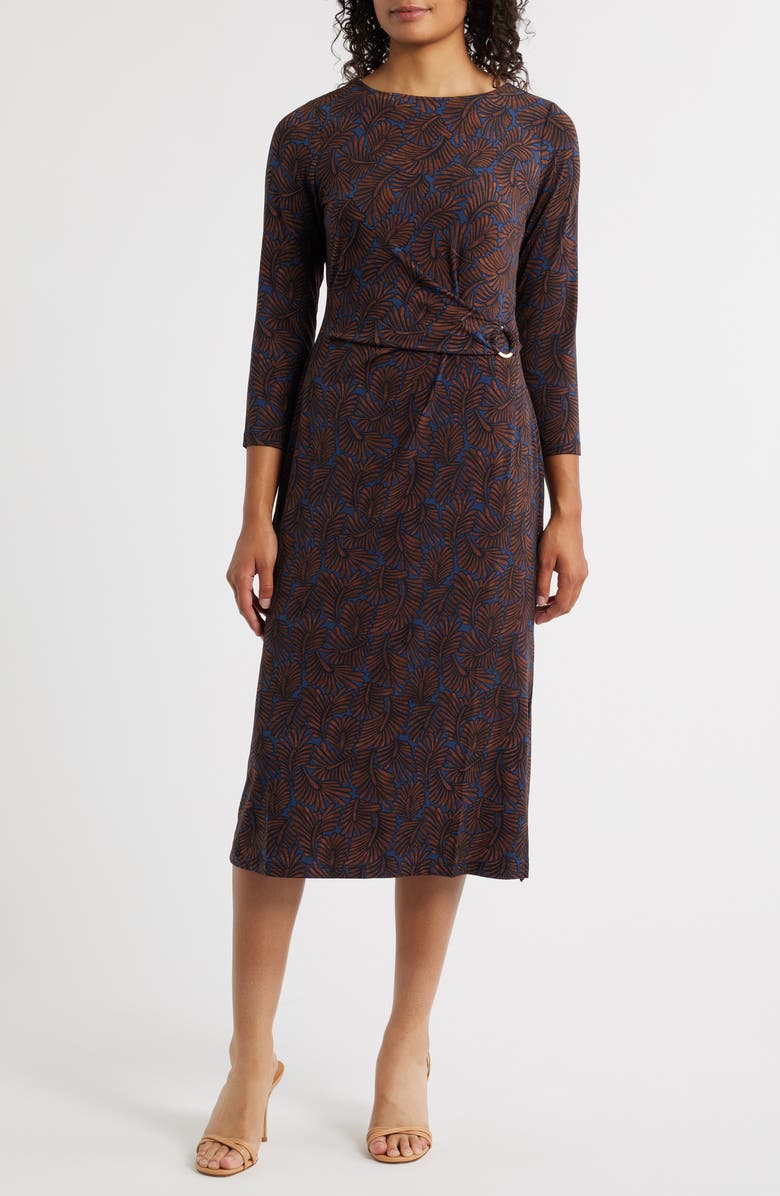 NIC+ZOE Feather Fern Long Sleeve Knit Midi Dress, Main, color, Brown Multi