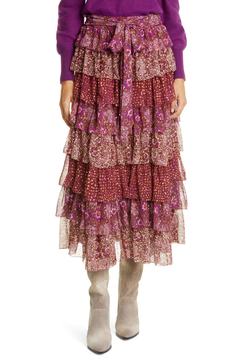 Fayanna Metallic Tiered Silk Skirt, Main, color, CLARET PATCHWORK