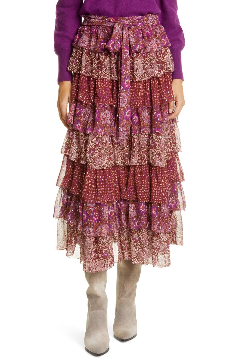 Ulla Johnson Fayanna Metallic Tiered Silk Skirt, Main, color, 