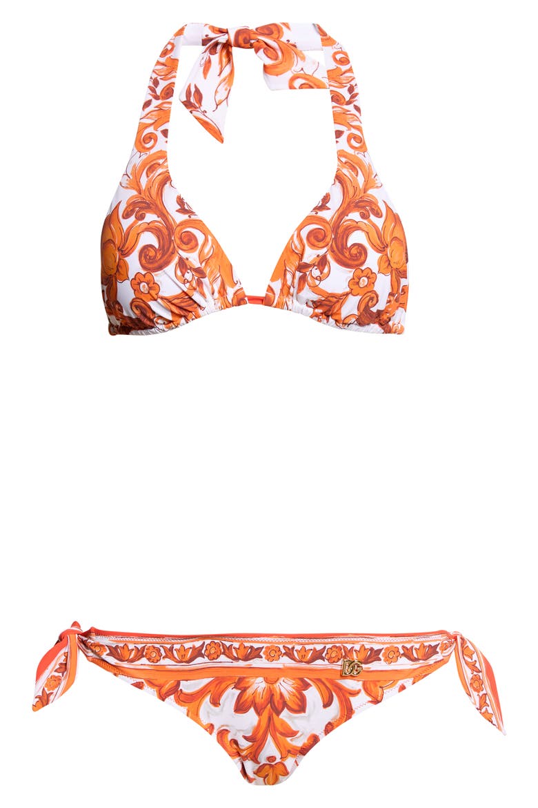 Majolica Print Triangle Two-Piece Swimsuit, Main, color, IH3TN MAJOLICA 6 ORANGE