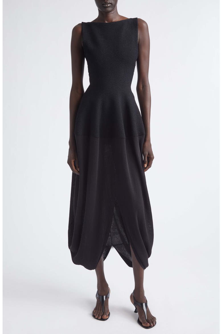 Sukki Mixed Media Bubble Hem Midi Dress, Main, color, BLACK