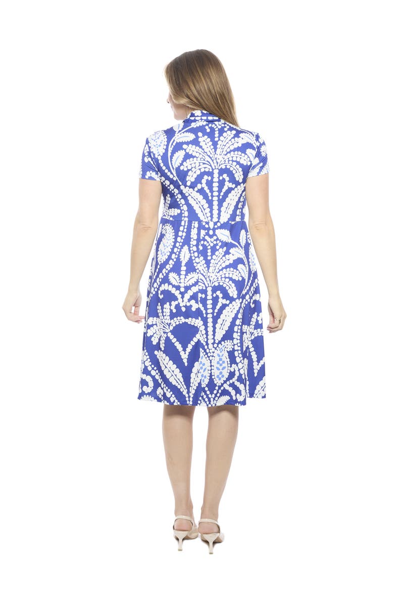 24seven Comfort Apparel Womens Paisley V-Neck Short Sleeve Faux Wrap Knee Length A-Line Dress, Alternate, color, Blue Multi