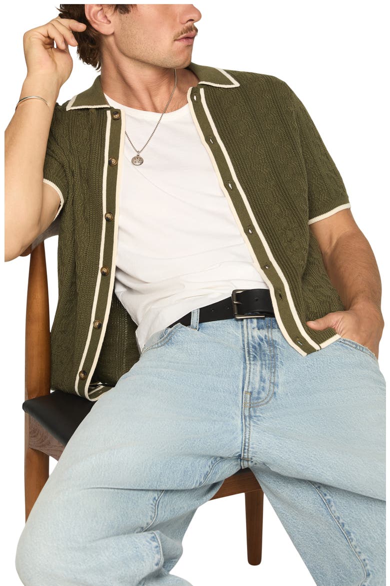 Tipped Short Sleeve Cardigan, Alternate, color, BURNT OLIVE